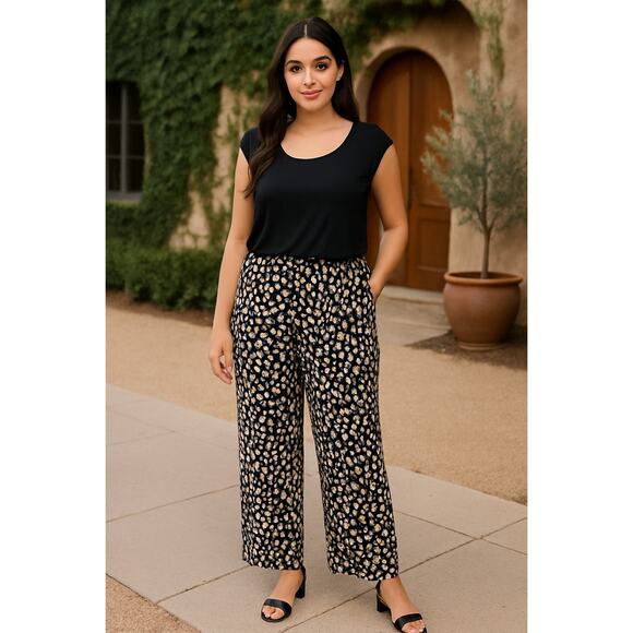 Karin Stevens Polka Dot Jumpsuit 14 Black White Brown Wide Leg Stretch Comfort - Picture 1 of 11